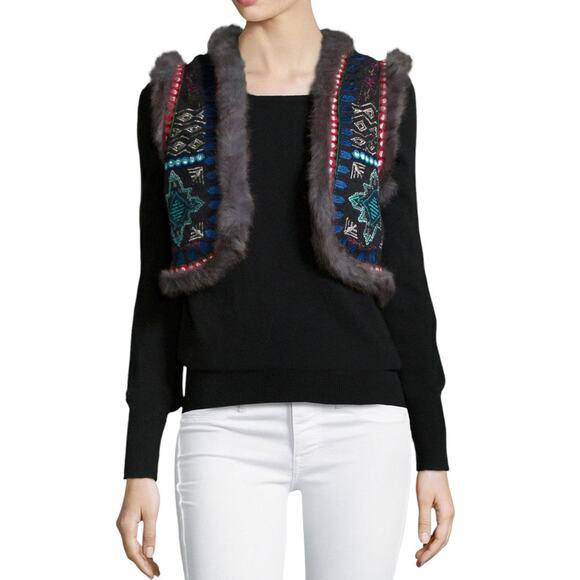 Christophe Sauvat Embroidered Vest Large Rabbit Fur Trim Boho Luxe Brown Blue - Picture 9 of 10